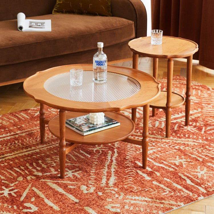 Contemporary Nordic Round Cherry Wood Glass Coffee Table 2-Tier For Living Room