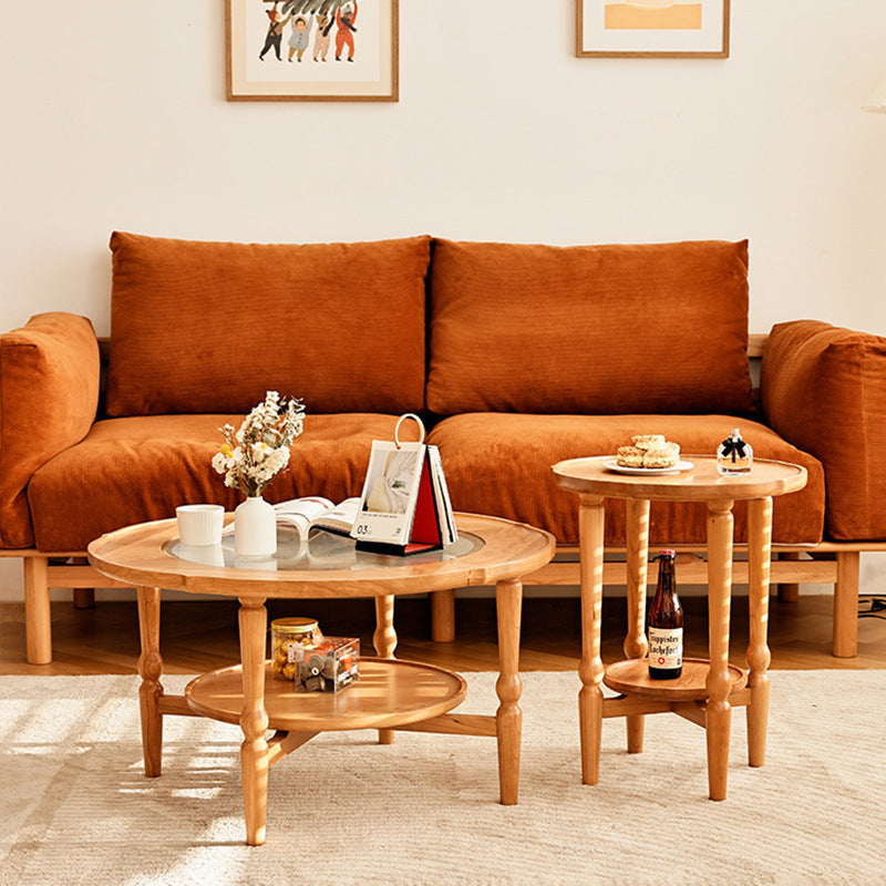 Contemporary Nordic Round Pine Wood Glass Coffee Table 2-Tier For Living Room