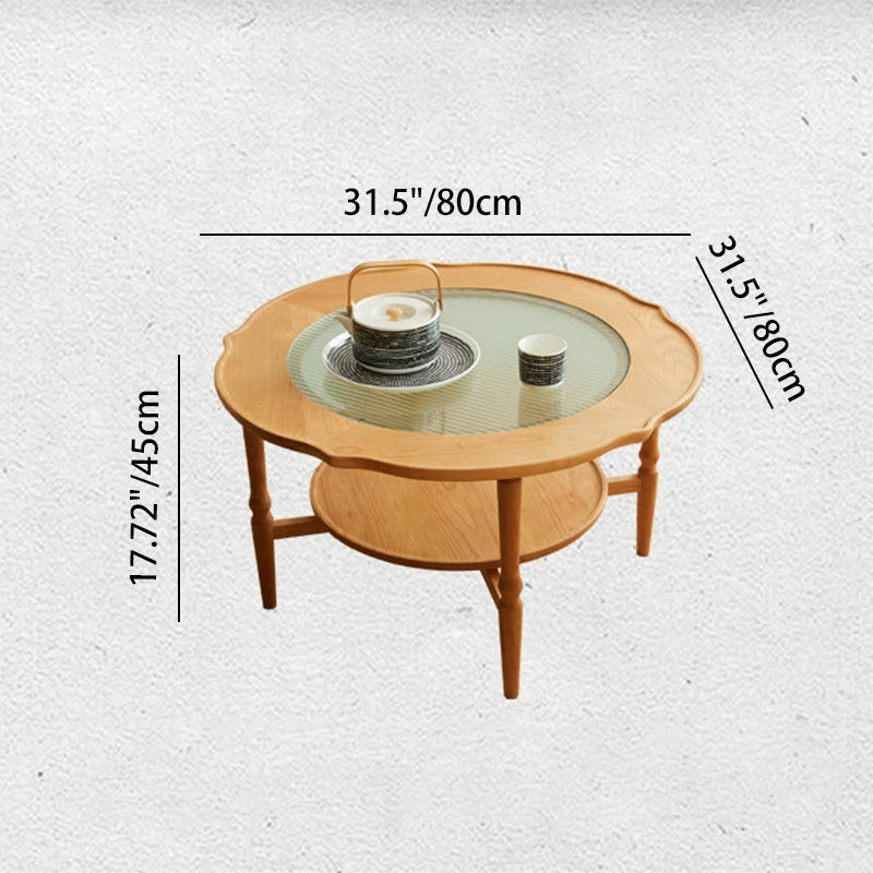 Contemporary Nordic Round Cherry Wood Glass Coffee Table 2-Tier For Living Room