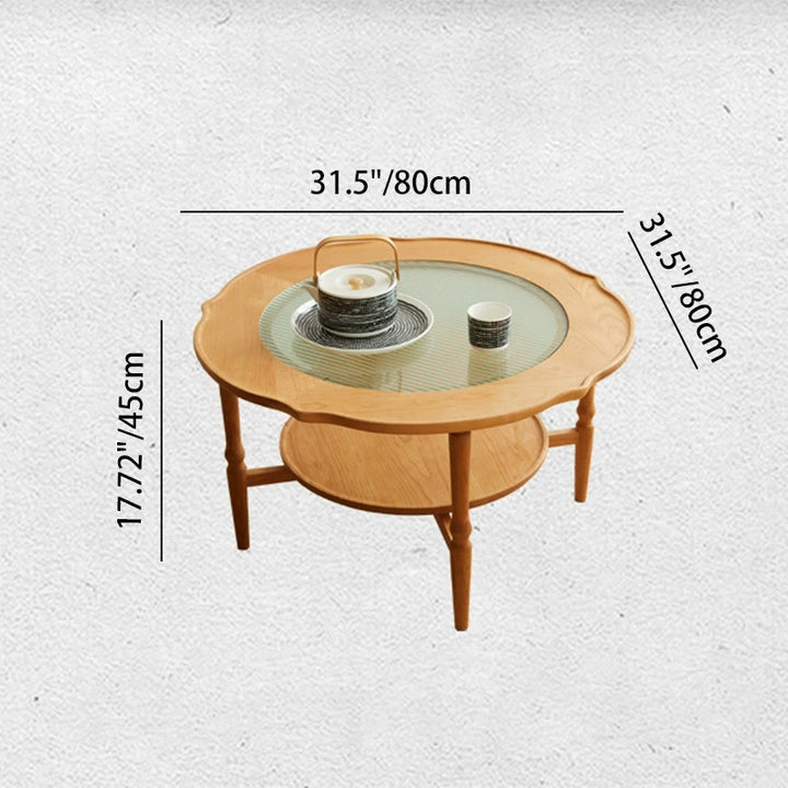 Contemporary Nordic Round Cherry Wood Glass Coffee Table 2-Tier For Living Room