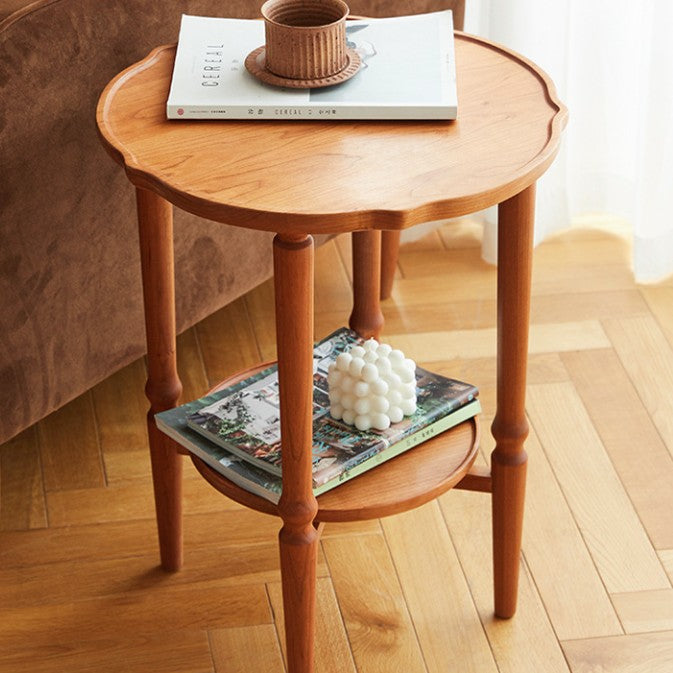 Contemporary Nordic Round Cherry Wood Glass Coffee Table 2-Tier For Living Room