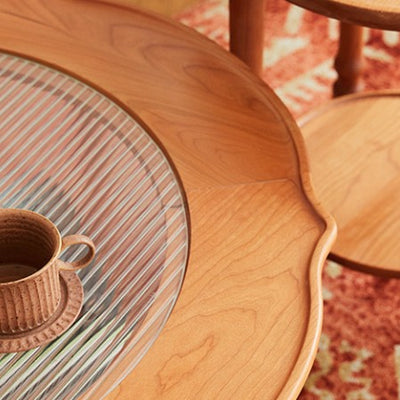 Contemporary Nordic Round Pine Wood Glass Coffee Table 2-Tier For Living Room