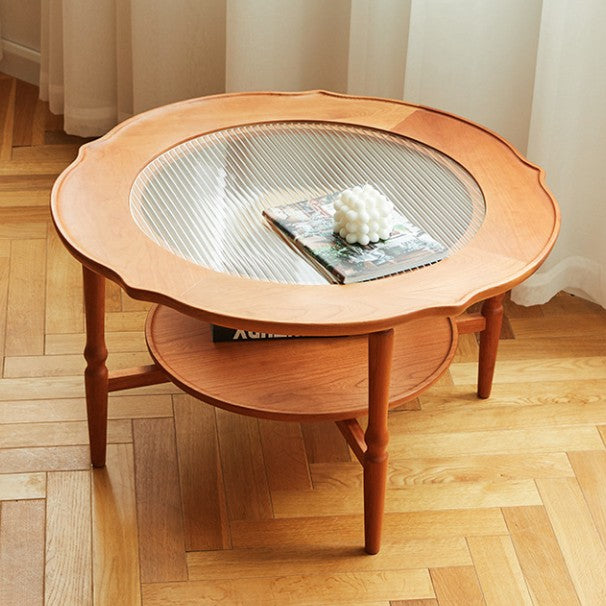 Contemporary Nordic Round Pine Wood Glass Coffee Table 2-Tier For Living Room