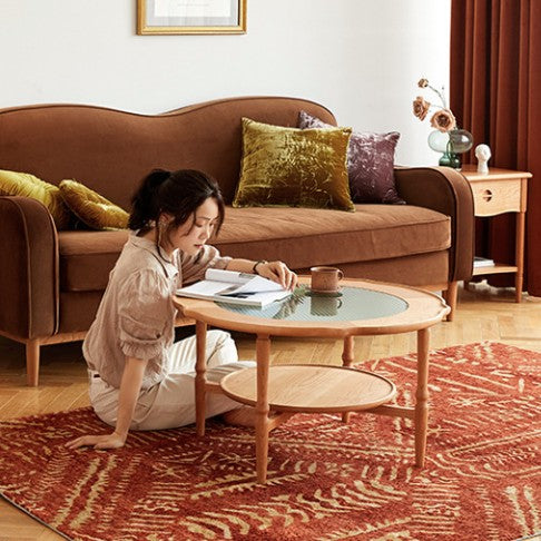 Contemporary Nordic Round Pine Wood Glass Coffee Table 2-Tier For Living Room