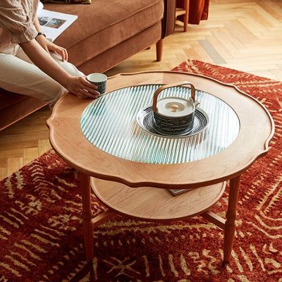 Contemporary Nordic Round Pine Wood Glass Coffee Table 2-Tier For Living Room