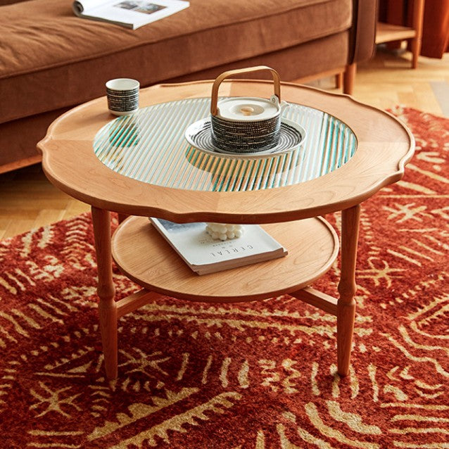 Contemporary Nordic Round Cherry Wood Glass Coffee Table 2-Tier For Living Room