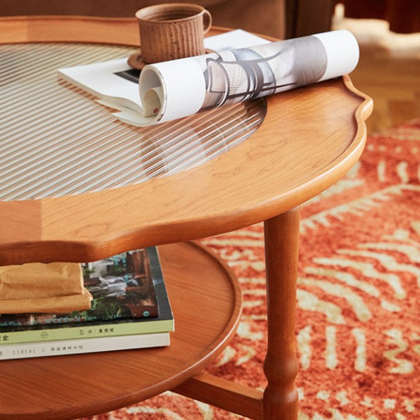 Contemporary Nordic Round Cherry Wood Glass Coffee Table 2-Tier For Living Room