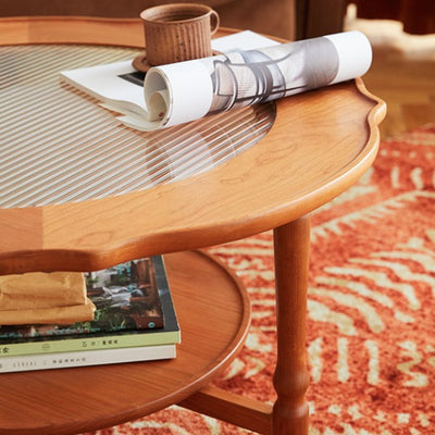 Contemporary Nordic Round Pine Wood Glass Coffee Table 2-Tier For Living Room