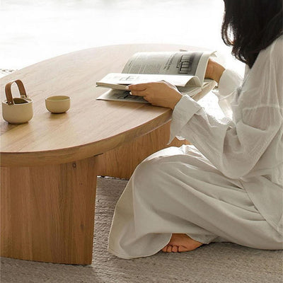 Traditional Japanese Ellipse Pine Wood Coffee Table For Living Room