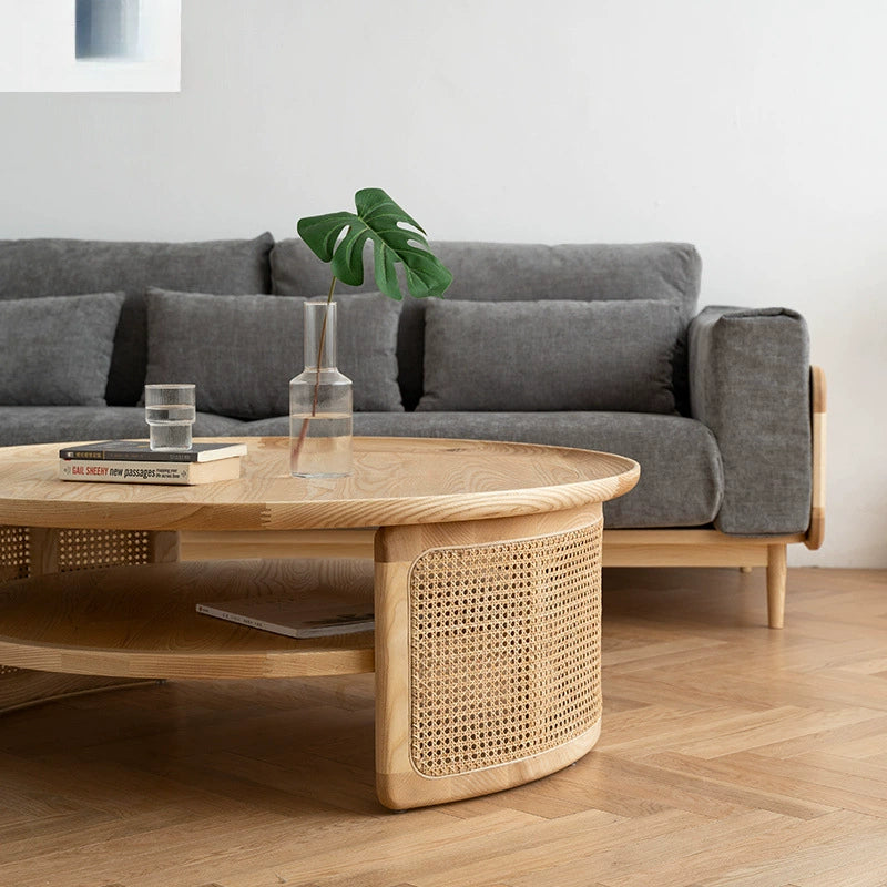 Modern Minimalist Round Solid Wood Solid Wood Plywood Rattan Weaving Coffee Table 2-Tier For Living Room