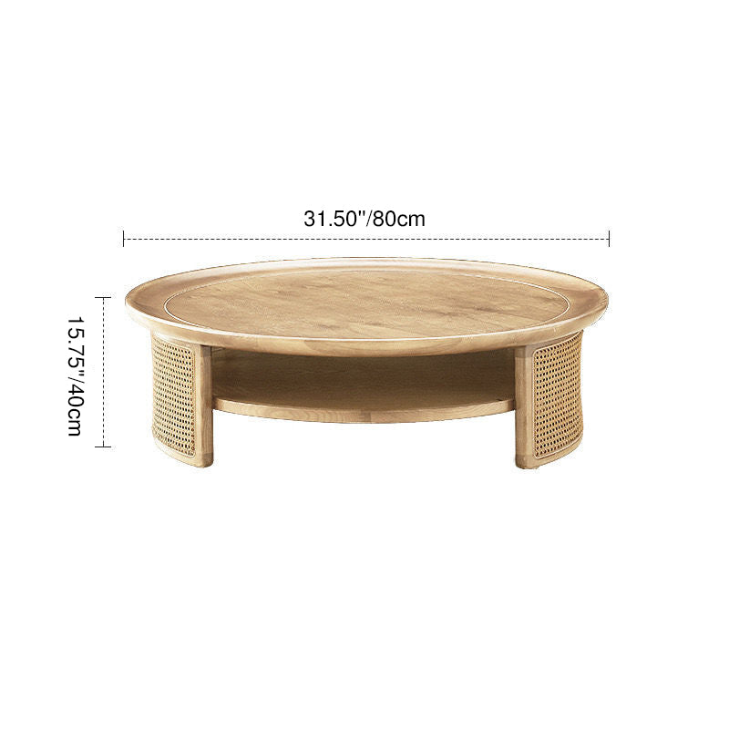 Modern Minimalist Round Solid Wood Solid Wood Plywood Rattan Weaving Coffee Table 2-Tier For Living Room