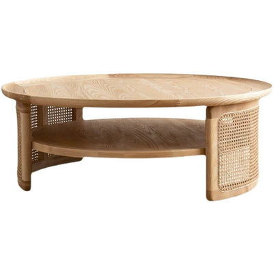 Modern Minimalist Round Solid Wood Solid Wood Plywood Rattan Weaving Coffee Table 2-Tier For Living Room