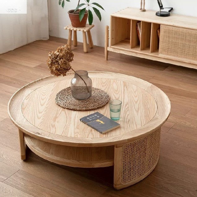 Modern Minimalist Round Solid Wood Solid Wood Plywood Rattan Weaving Coffee Table 2-Tier For Living Room