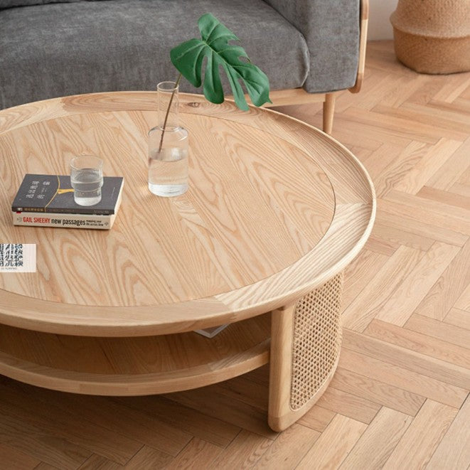 Modern Minimalist Round Solid Wood Solid Wood Plywood Rattan Weaving Coffee Table 2-Tier For Living Room
