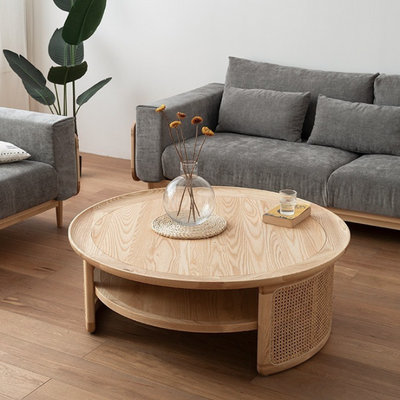 Modern Minimalist Round Solid Wood Solid Wood Plywood Rattan Weaving Coffee Table 2-Tier For Living Room