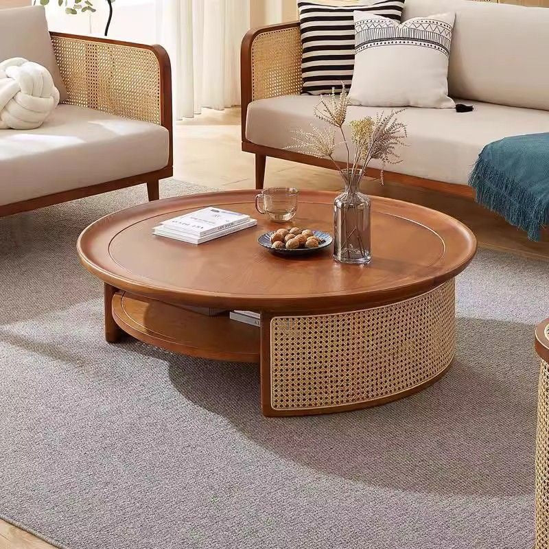 Modern Minimalist Round Solid Wood Solid Wood Plywood Rattan Weaving Coffee Table 2-Tier For Living Room