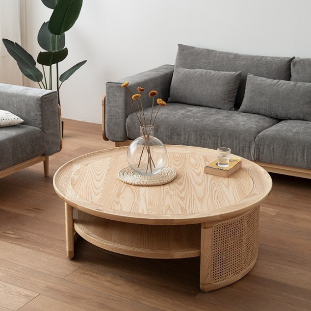 Modern Minimalist Round Solid Wood Solid Wood Plywood Rattan Weaving Coffee Table 2-Tier For Living Room