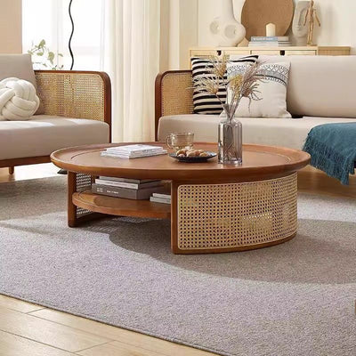 Modern Minimalist Round Solid Wood Solid Wood Plywood Rattan Weaving Coffee Table 2-Tier For Living Room