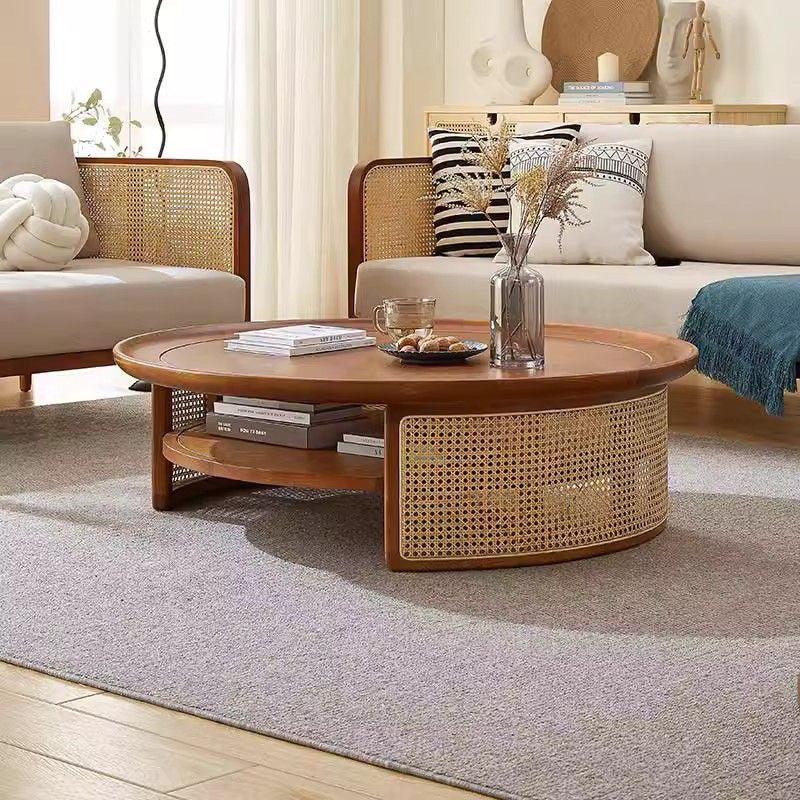 Modern Minimalist Round Solid Wood Solid Wood Plywood Rattan Weaving Coffee Table 2-Tier For Living Room