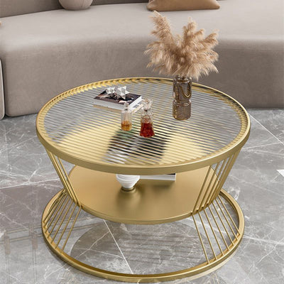 Modern Minimalist Round Tempered Glass Iron Coffee Table 2-Tier For Living Room