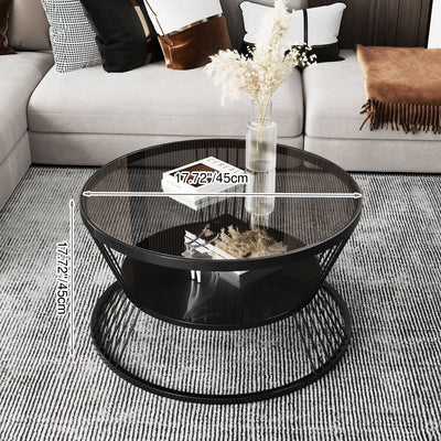 Modern Minimalist Round Tempered Glass Iron Coffee Table 2-Tier For Living Room