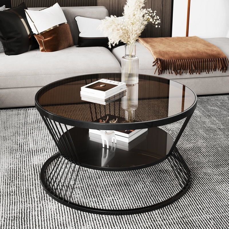 Modern Minimalist Round Tempered Glass Iron Coffee Table 2-Tier For Living Room
