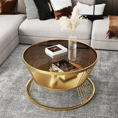 Modern Minimalist Round Tempered Glass Iron Coffee Table 2-Tier For Living Room