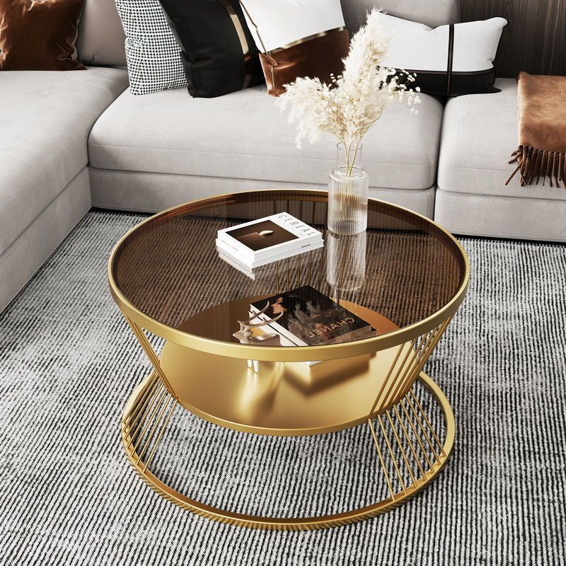 Modern Minimalist Round Tempered Glass Iron Coffee Table 2-Tier For Living Room