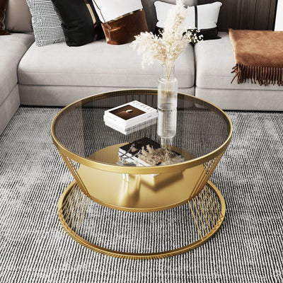 Modern Minimalist Round Tempered Glass Iron Coffee Table 2-Tier For Living Room