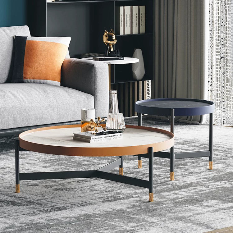 Contemporary Nordic Round Sintered Stone Iron Coffee Table Set For Living Room