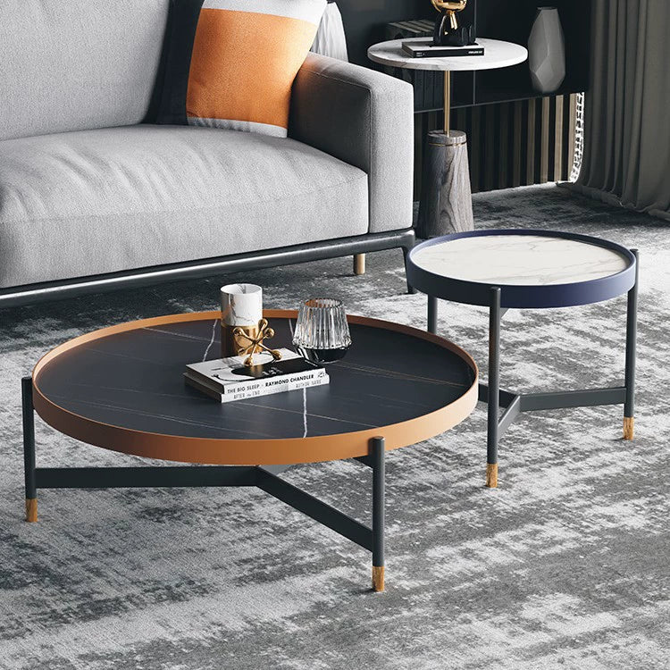 Contemporary Nordic Round Sintered Stone Iron Coffee Table Set For Living Room