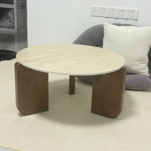 Moderner minimalistischer runder Kaffeetisch aus gesintertem Stein und Massivholz für das Wohnzimmer 