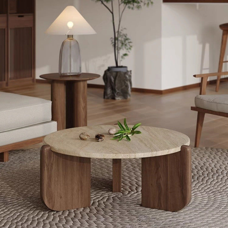 Moderner minimalistischer runder Kaffeetisch aus gesintertem Stein und Massivholz für das Wohnzimmer 