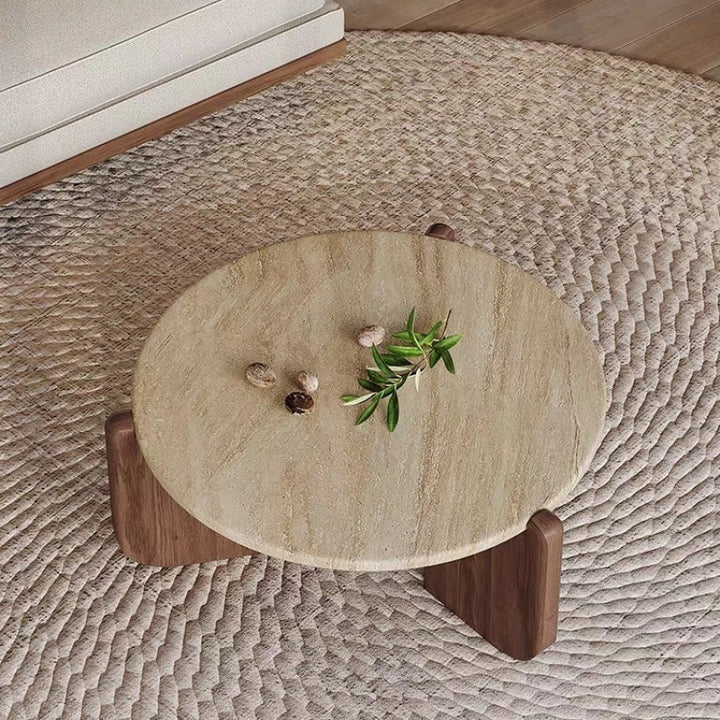 Moderner minimalistischer runder Kaffeetisch aus gesintertem Stein und Massivholz für das Wohnzimmer 