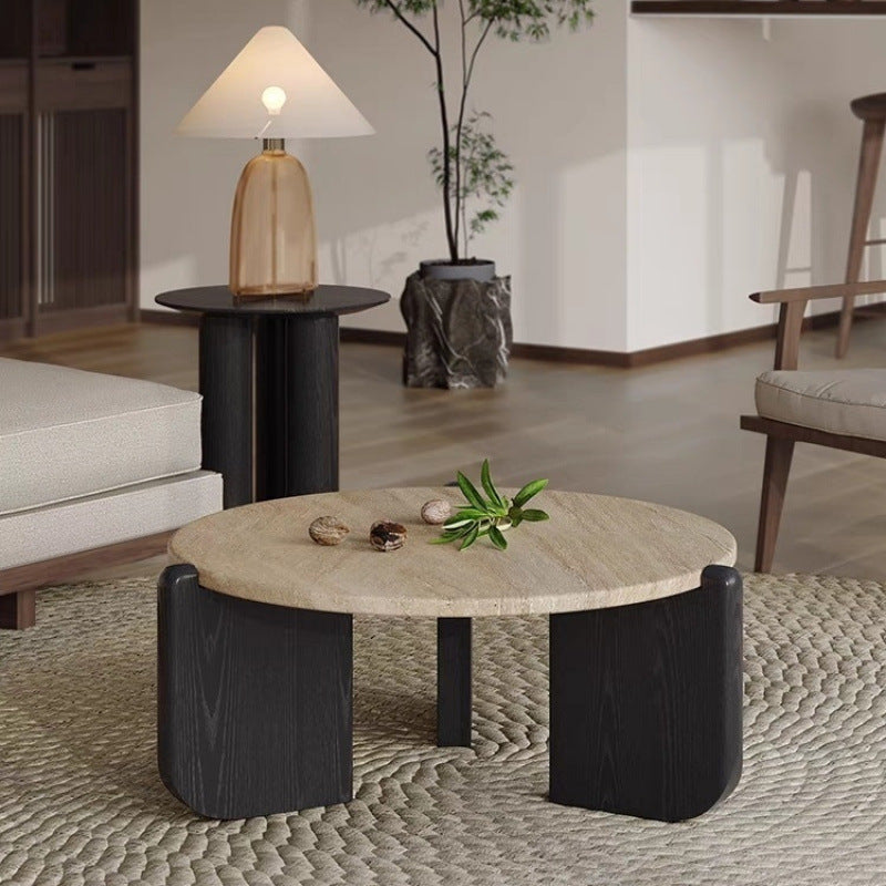 Moderner minimalistischer runder Kaffeetisch aus gesintertem Stein und Massivholz für das Wohnzimmer 