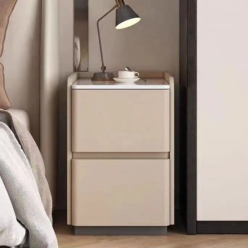 Modern Minimalist Square Rectangular Sintered Stone Cat Scratch Leather Solid Wood Plywood Nightstand 2-Drawer For Bedroom