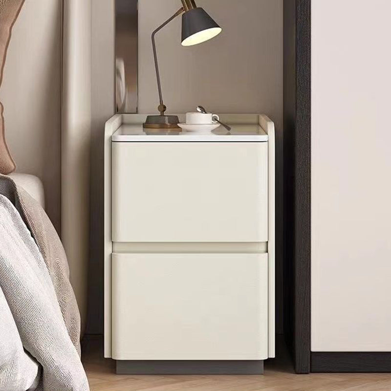 Modern Minimalist Square Rectangular Sintered Stone Cat Scratch Leather Solid Wood Plywood Nightstand 2-Drawer For Bedroom