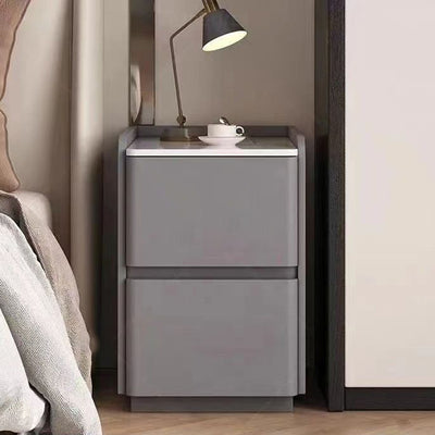 Modern Minimalist Square Rectangular Sintered Stone Cat Scratch Leather Solid Wood Plywood Nightstand 2-Drawer For Bedroom
