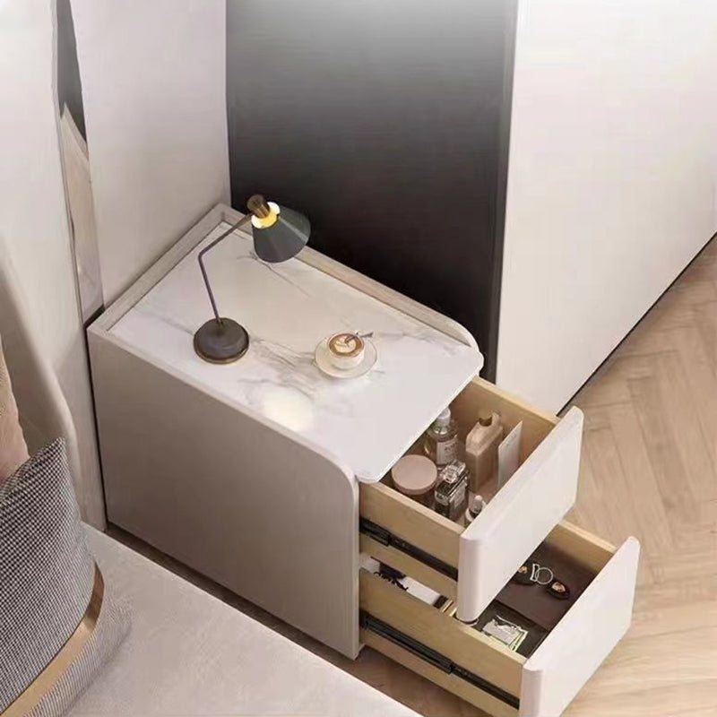 Modern Minimalist Square Rectangular Sintered Stone Cat Scratch Leather Solid Wood Plywood Nightstand 2-Drawer For Bedroom