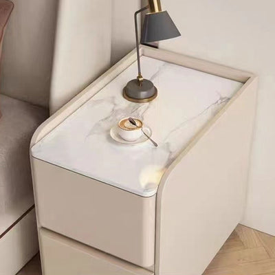 Modern Minimalist Square Rectangular Sintered Stone Cat Scratch Leather Solid Wood Plywood Nightstand 2-Drawer For Bedroom