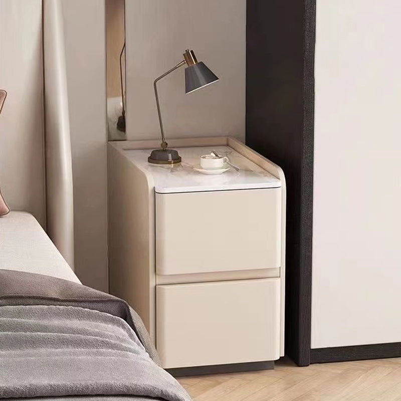 Modern Minimalist Square Rectangular Sintered Stone Cat Scratch Leather Solid Wood Plywood Nightstand 2-Drawer For Bedroom