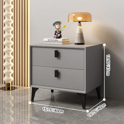 Modern Minimalist Square Rectangular Cat Scratch Leather Solid Wood Plywood Carbon Steel Nightstand 2-Drawer For Bedroom