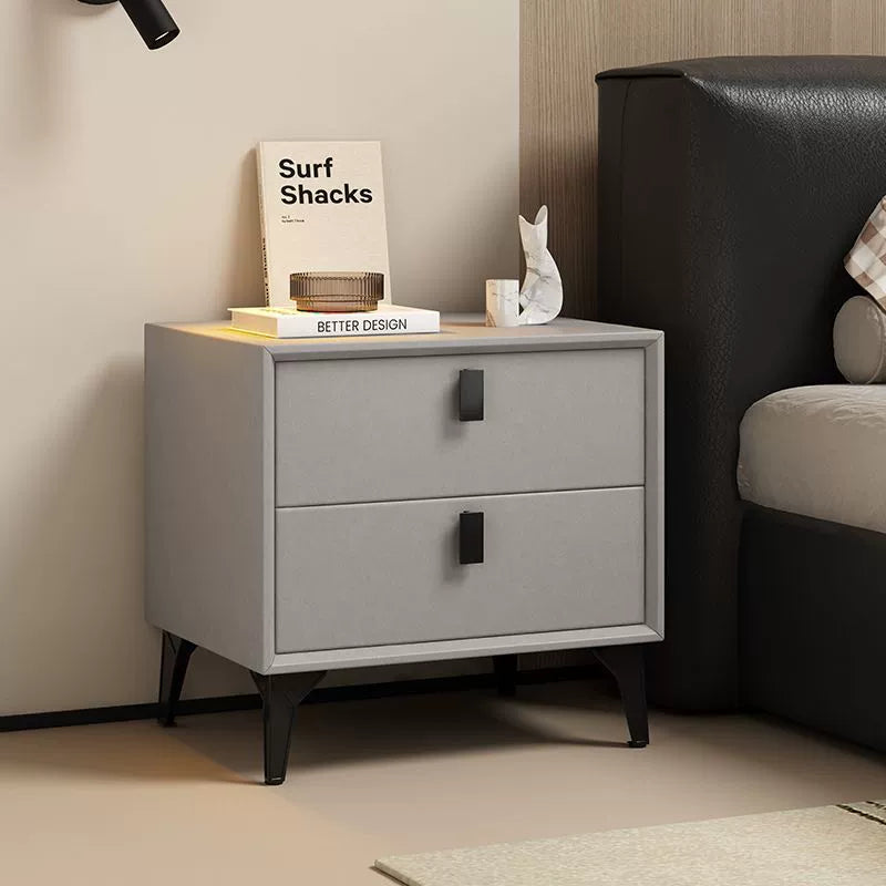 Modern Minimalist Square Rectangular Cat Scratch Leather Solid Wood Plywood Carbon Steel Nightstand 2-Drawer For Bedroom