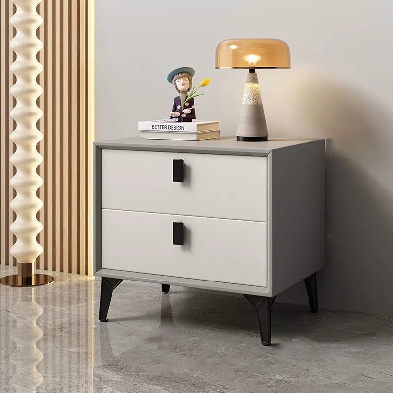 Modern Minimalist Square Rectangular Cat Scratch Leather Solid Wood Plywood Carbon Steel Nightstand 2-Drawer For Bedroom