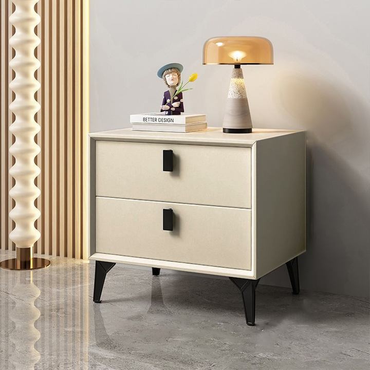 Moderner minimalistischer quadratischer rechteckiger Katzenkratzleder Massivholz Sperrholz Kohlenstoffstahl Nachttisch 2-Schubladen für Schlafzimmer 