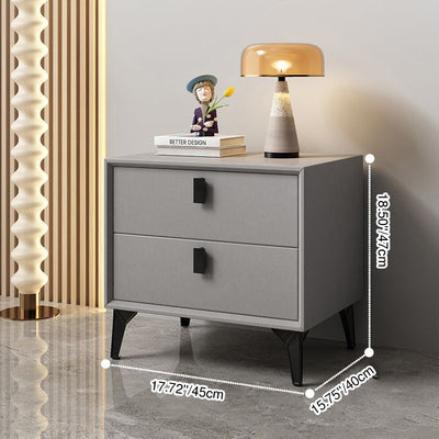 Modern Minimalist Square Rectangular Cat Scratch Leather Solid Wood Plywood Carbon Steel Nightstand 2-Drawer For Bedroom