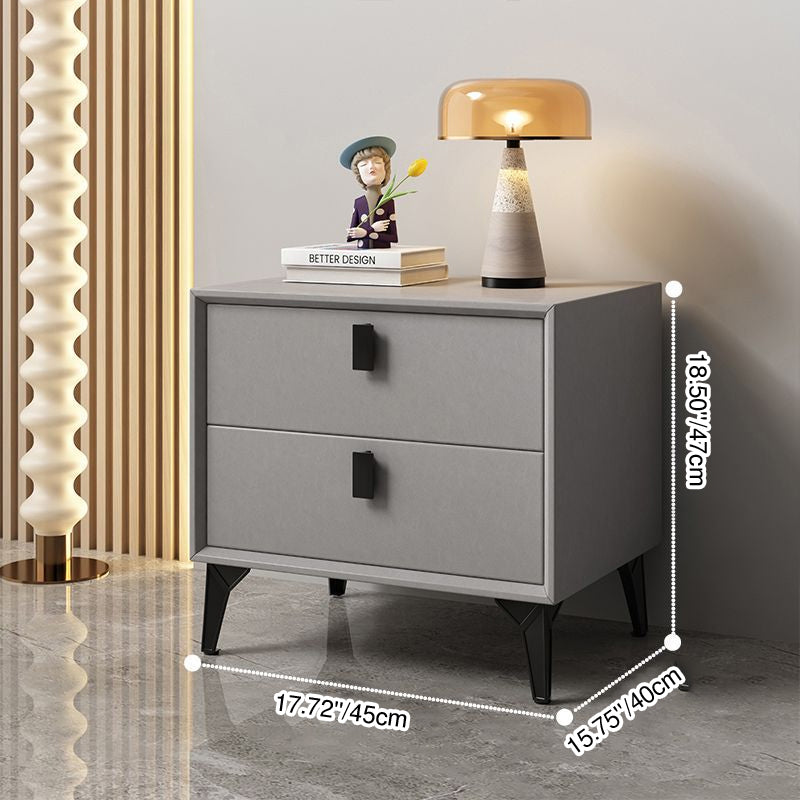 Modern Minimalist Square Rectangular Cat Scratch Leather Solid Wood Plywood Carbon Steel Nightstand 2-Drawer For Bedroom