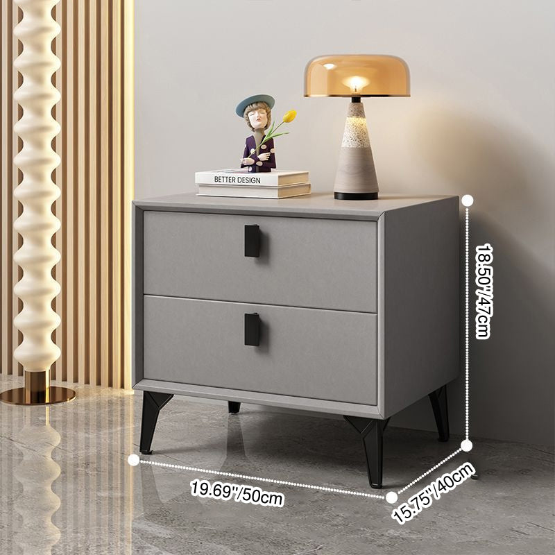 Modern Minimalist Square Rectangular Cat Scratch Leather Solid Wood Plywood Carbon Steel Nightstand 2-Drawer For Bedroom