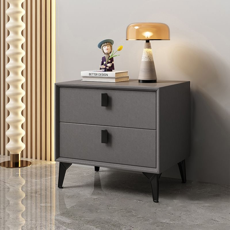 Modern Minimalist Square Rectangular Cat Scratch Leather Solid Wood Plywood Carbon Steel Nightstand 2-Drawer For Bedroom