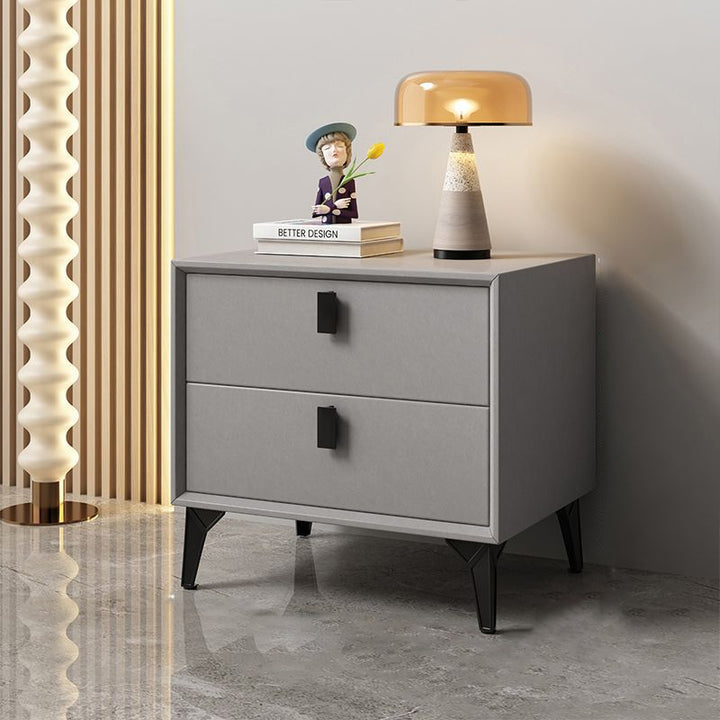 Table de chevet moderne minimaliste carrée rectangulaire pour chat en cuir, bois massif, contreplaqué et acier au carbone, à 2 tiroirs pour chambre à coucher 